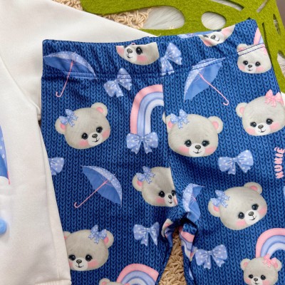  Conj. Casaco Ursinhas After Rain e Calça Legging - Off White e Azul